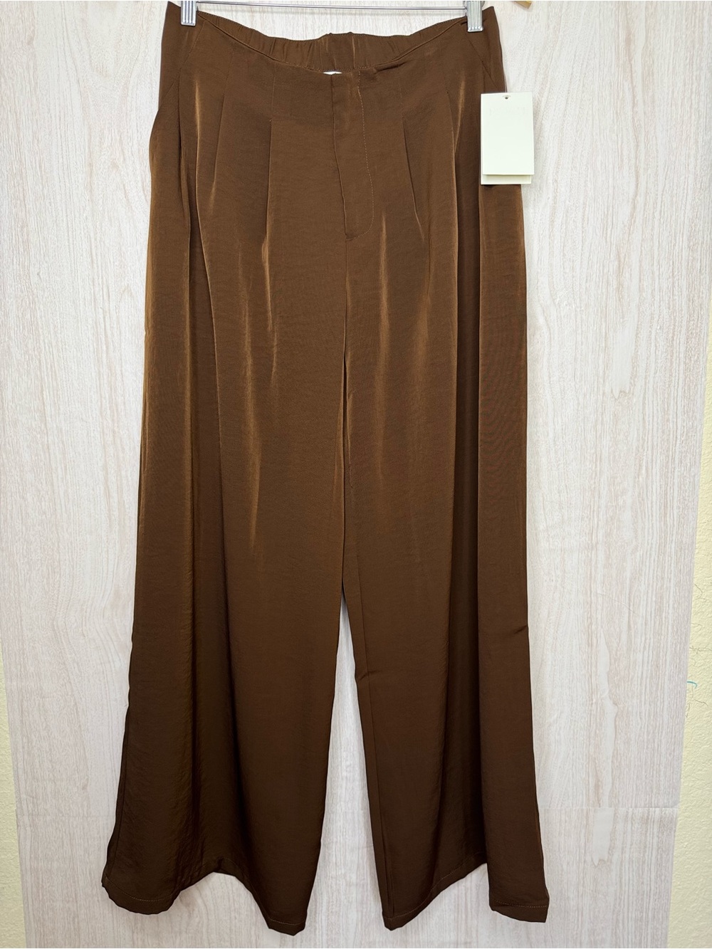 Peach Chocolate Brown Satin Wide Leg Pleated Pants - Size M (Oversized)